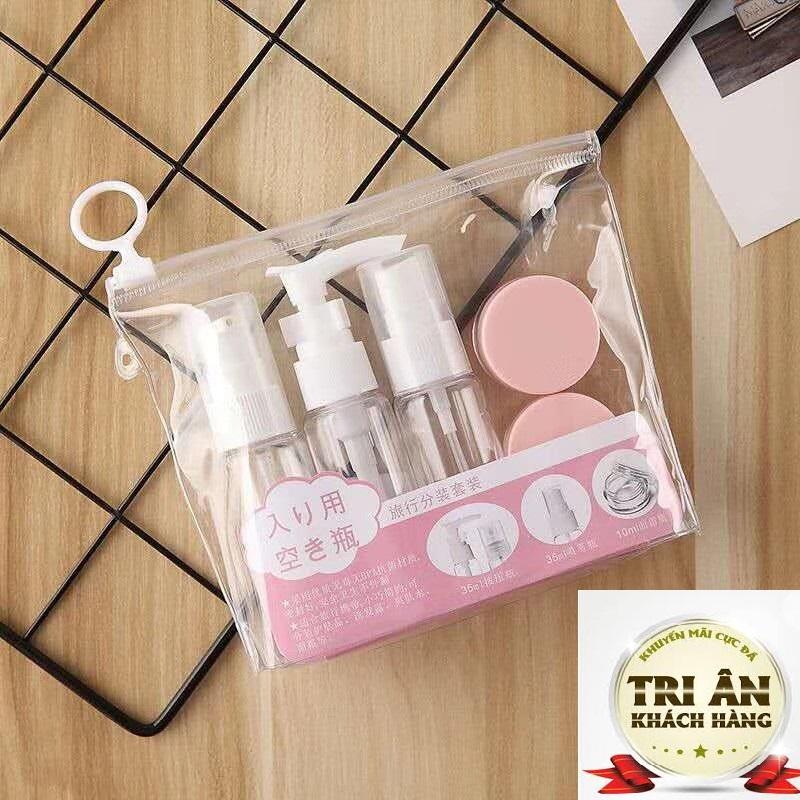 chiết mỹ phẩm, bộ chiết mỹ phẩm đi du lịch, chai lọ mỹ phẩm- Túi đựng mỹ phẩm du lịch và bộ chiết mỹ phẩm du lịch mini 5 món tiện lợi hữu ích cho chị em phụ nữ