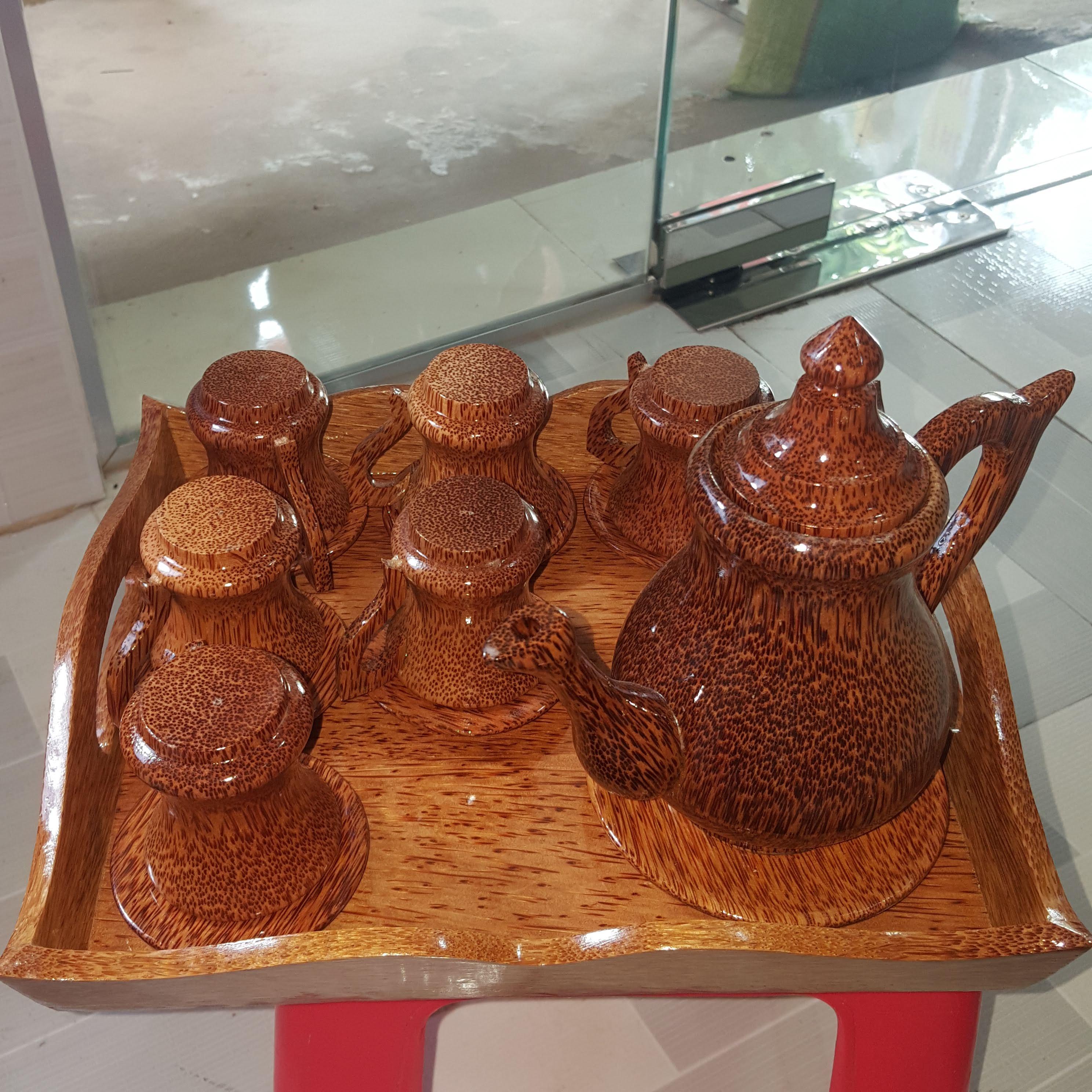 Bộ Bình Trà Bằng Gỗ Dừa Lớn - 6 Ly - Thủ Công Mỹ Nghệ Bến Tre