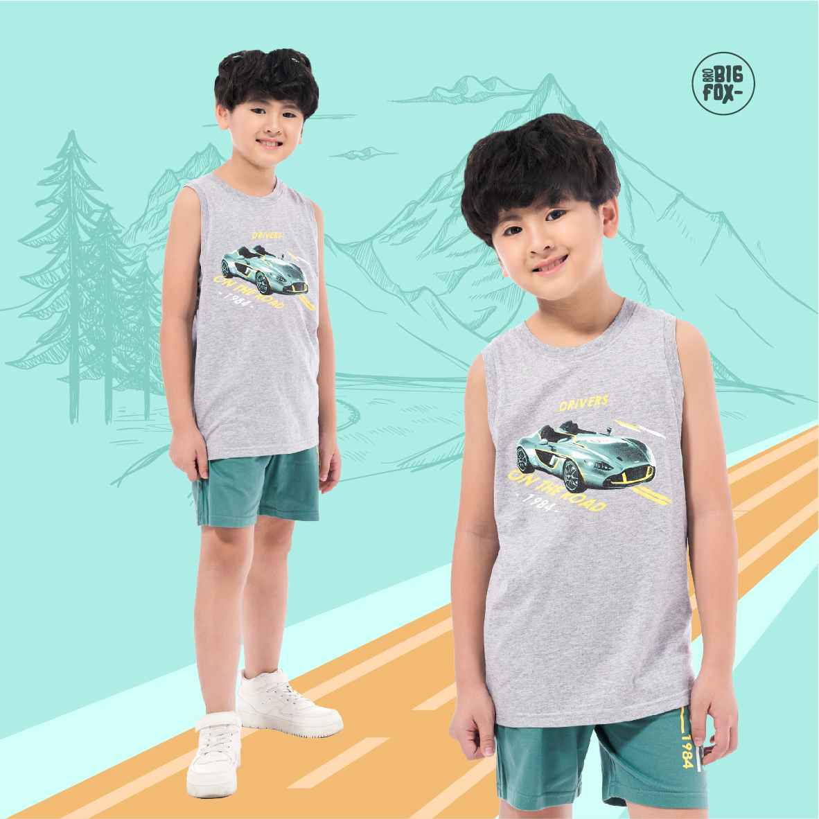 Đồ bộ bé trai size đại, bộ ba lỗ cho bé chất cotton phong cách Âu Mỹ hình in On the road 11 – 40 QATE