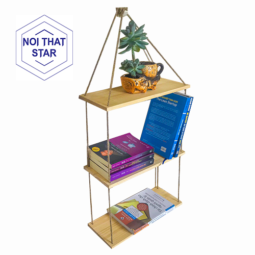 [100% gỗ] Kệ dây thừng 3 tầng gỗ thông 40x15 dùng làm kệ treo tường, kệ để sách, kệ trang trí