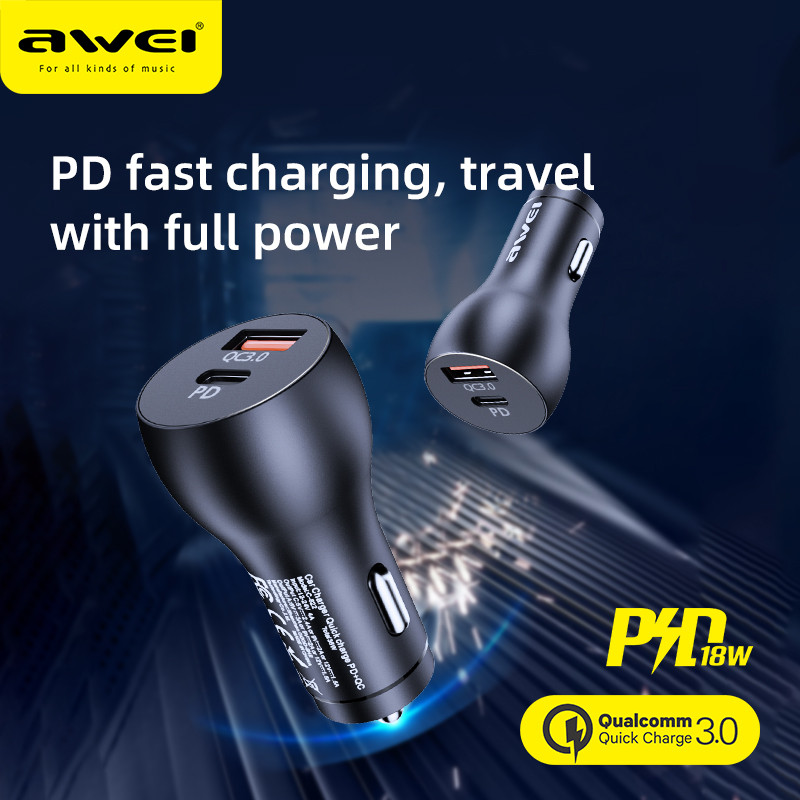Awei C-825/C-822 18W Sạc Điện Thoại Mini Ô Tô PD QC 3.0 2 Cổng USB A Type C Ualcomm Sạc Nhanh Cho iPhone 12 Xiaomi Huawei Thiết Bị Đa Năng