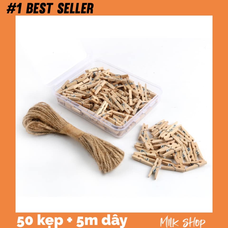 Combo 50 kẹp gỗ kẹp ảnh + 5m dây cói