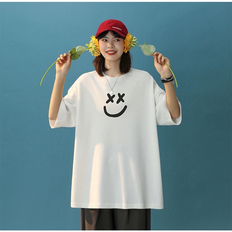 Áo thun áo phông tay lỡ over size in hình mặt cười unisex form rộng