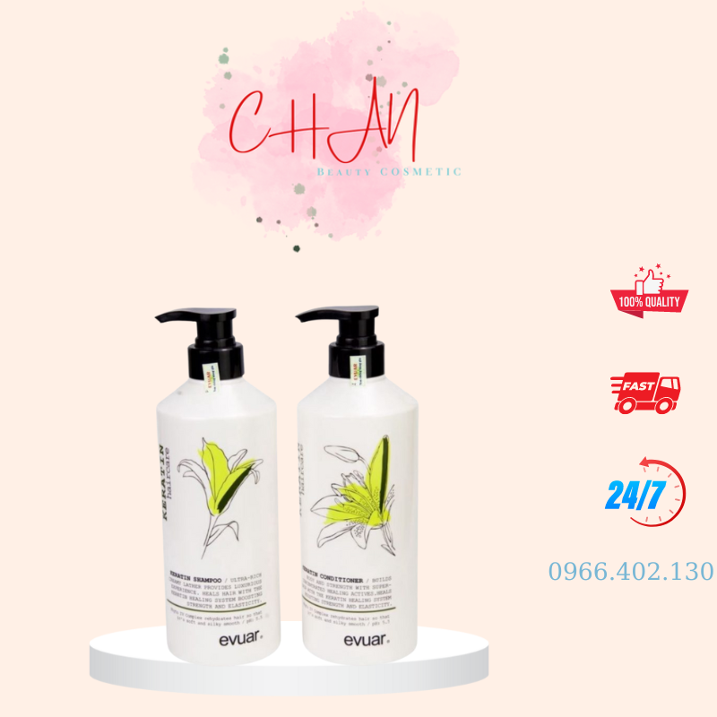 Dầu Gội Xả Phục Hồi Tóc Hư Tổn Mẫu Mới Keratin Evuar Haircare Italy mềm mượt chống rụng tóc hương thơm nước hoa 800ml