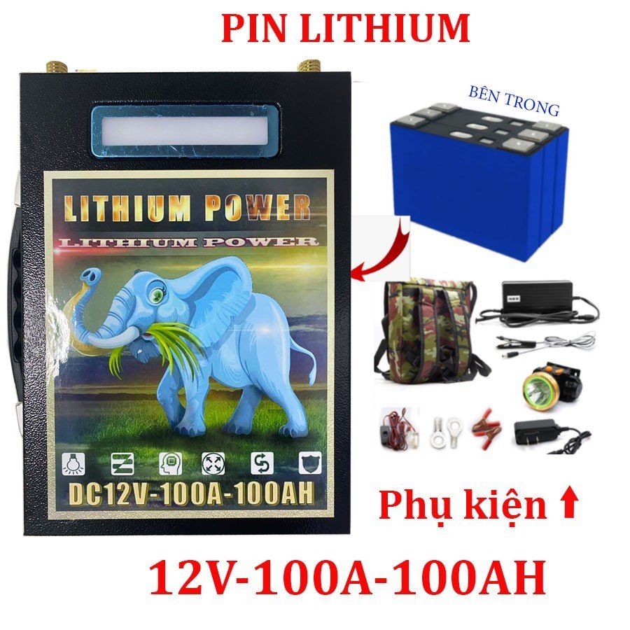 Pin Lithium 12v-100A, Bình Ác Quy Pin Lion 100ah Có Màn Hình Led Tặng Kèm Bộ Phụ Kiện