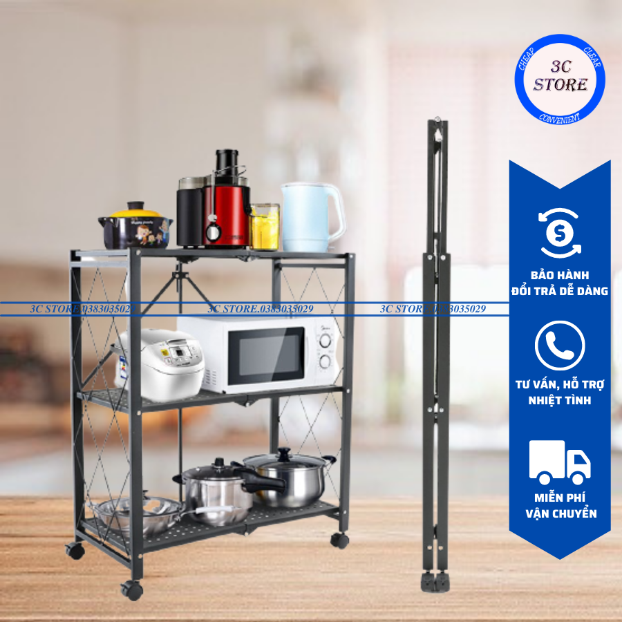 Kệ sắt - kệ để đồ đa năng gấp gọn có bánh xe - 3 tầng - tiện ích cho nhà bếp, phòng ngủ, phòng khách