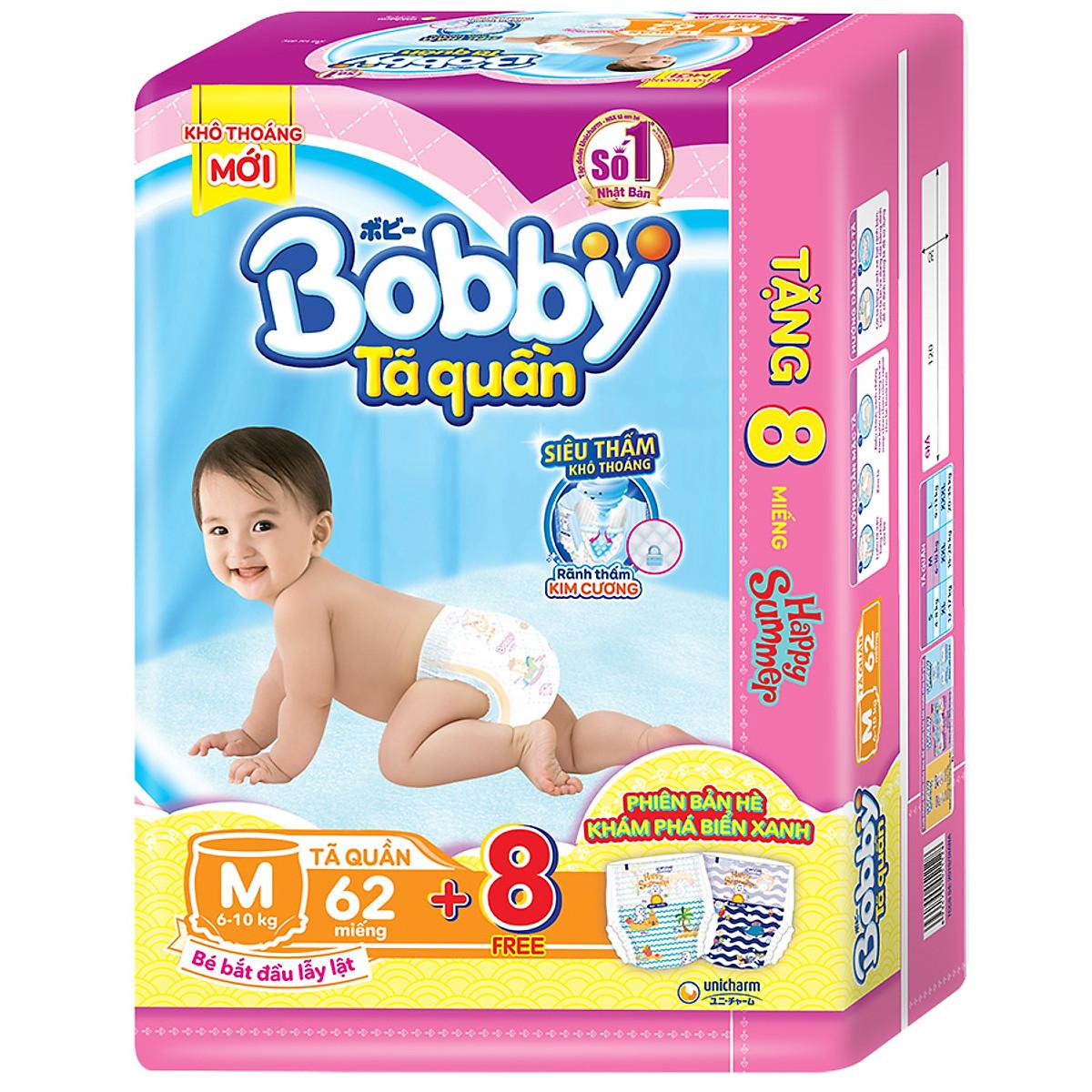 Tã Quần Bobby Gói Siêu Lớn M62 (62Miếng) + 8 Miếng Cùng Size