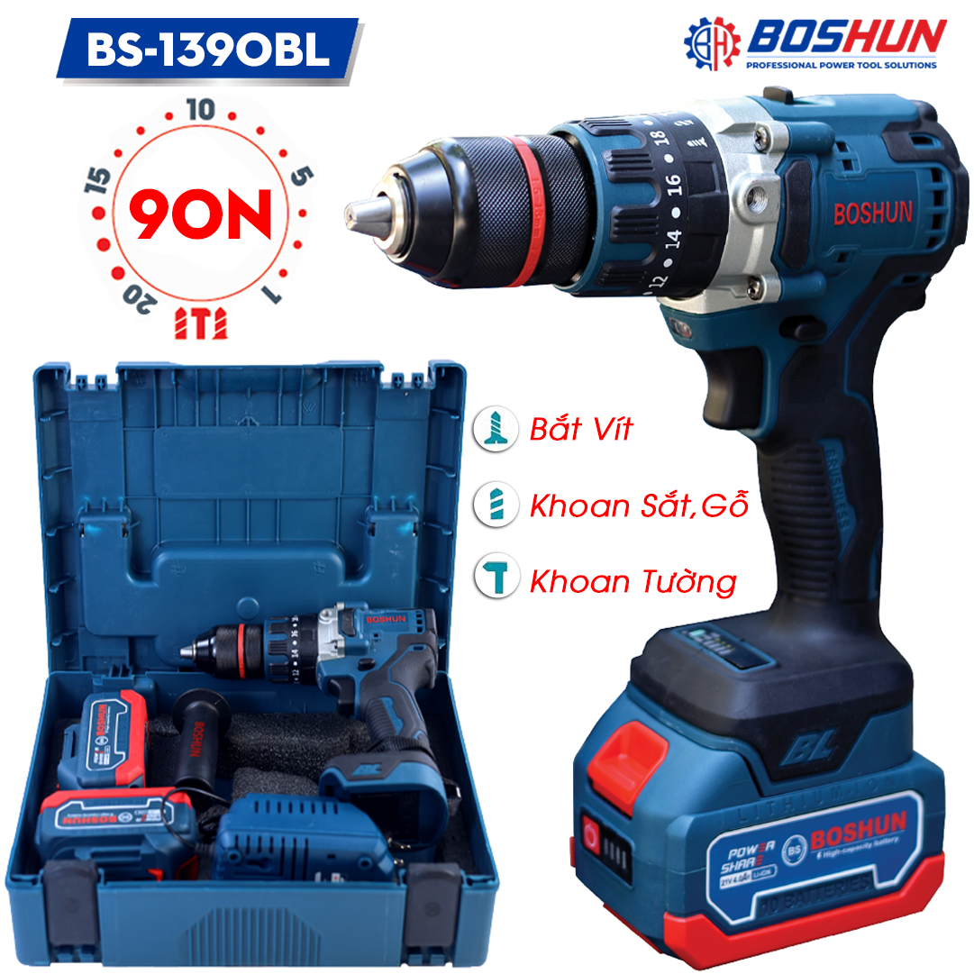 Máy Khoan Pin Boshun 13mm, 3 Chức Năng, 25 Cấp Độ Trượt, Autolock Ruột Đồng 100%, Động Cơ Không Chổi Than, BS-ID1390BL
