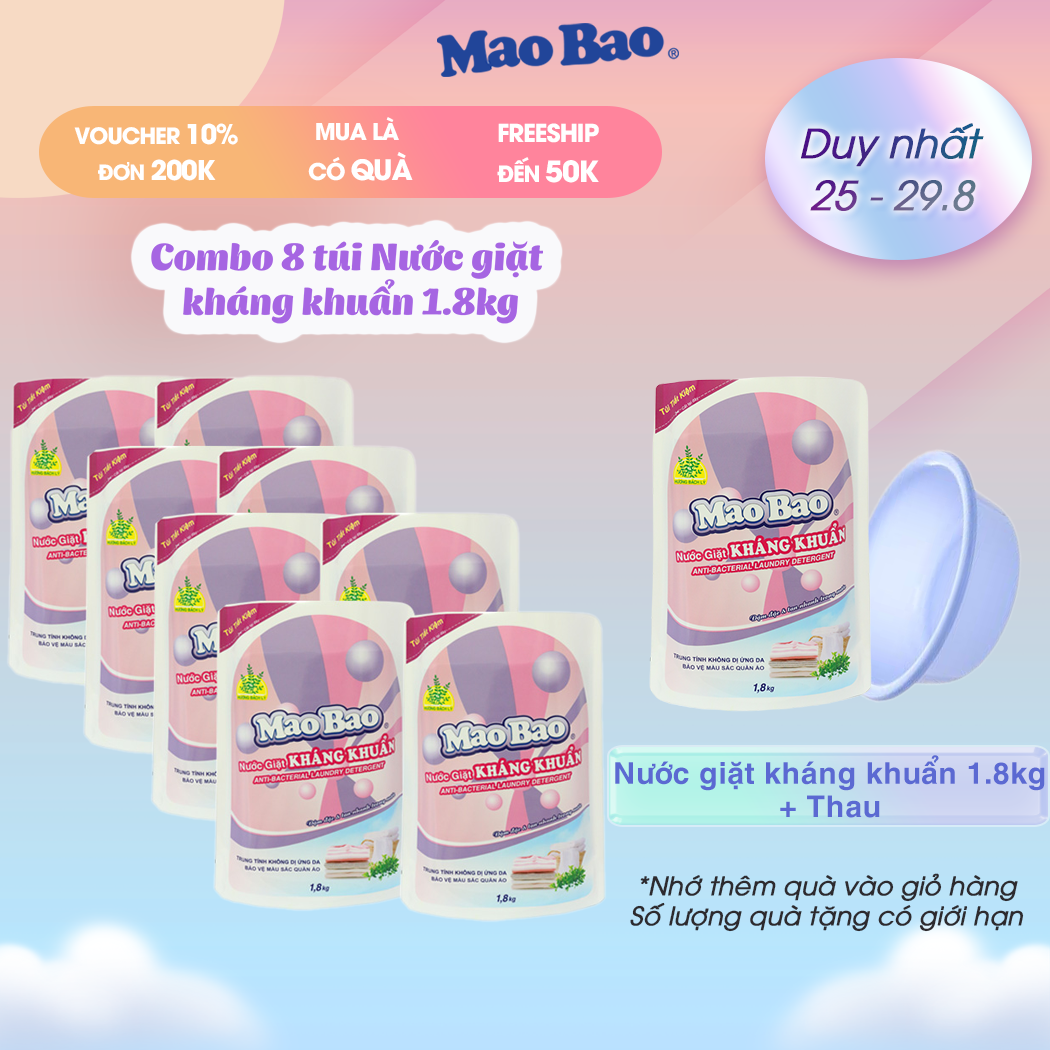 Combo 8 túi Nước giặt kháng khuẩn Mao Bao 1800g + Tặng Hộp Bột Tẩy quần áo thiên nhiên 12gx5 gói