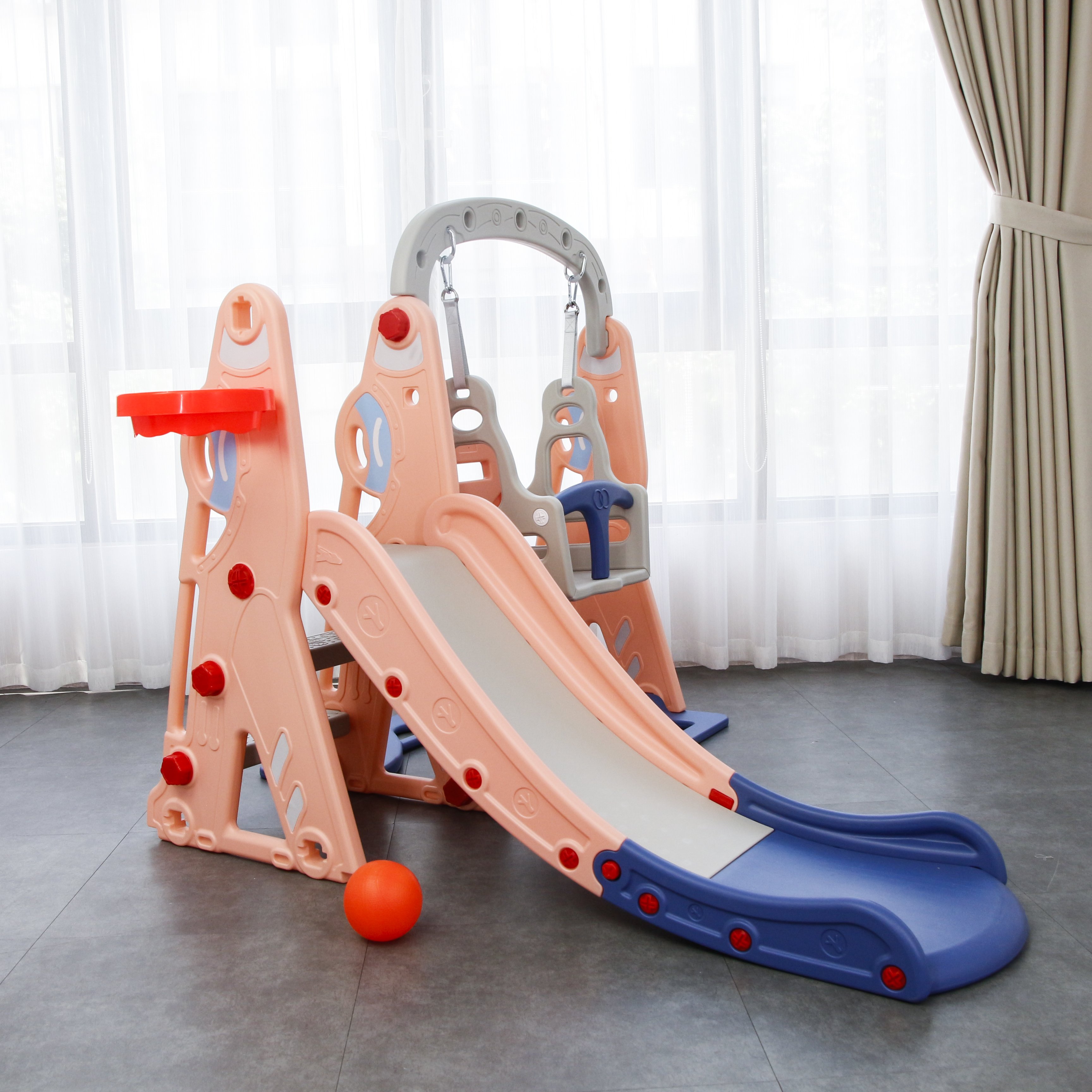 Xích đu, Cầu trượt kèm khung bóng rổ hình Tên lửa cho bé Toyshouse WM19074