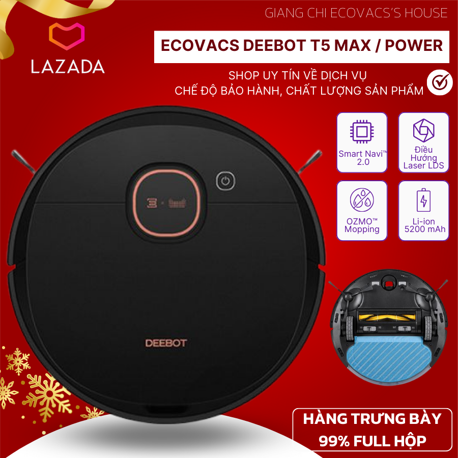 Robot hút bụi lau nhà EC0VACS DEEBOT T5 MAX -  Full app 3 map , pin 5200,Hàng trưng bày 99%, T5 max - lau max sạch,Công nghệ navi 2.0,,lực hút mạnh,lưu được 3 map - BH  Uy Tín Tại Giang Chi Ecovac's House