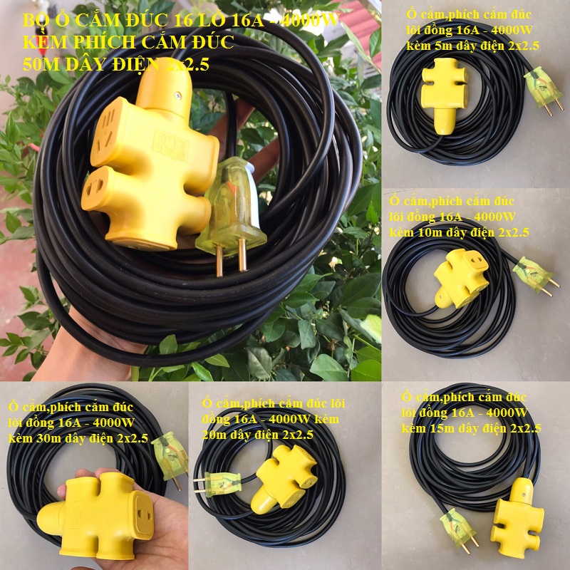 Dây điện chính hãng 5-10-15-20-30-50m dây 2x2.5 kèm ổ cắm phích cắm đúc chống vỡ ,có đèn phích cắm - 16a 4000w