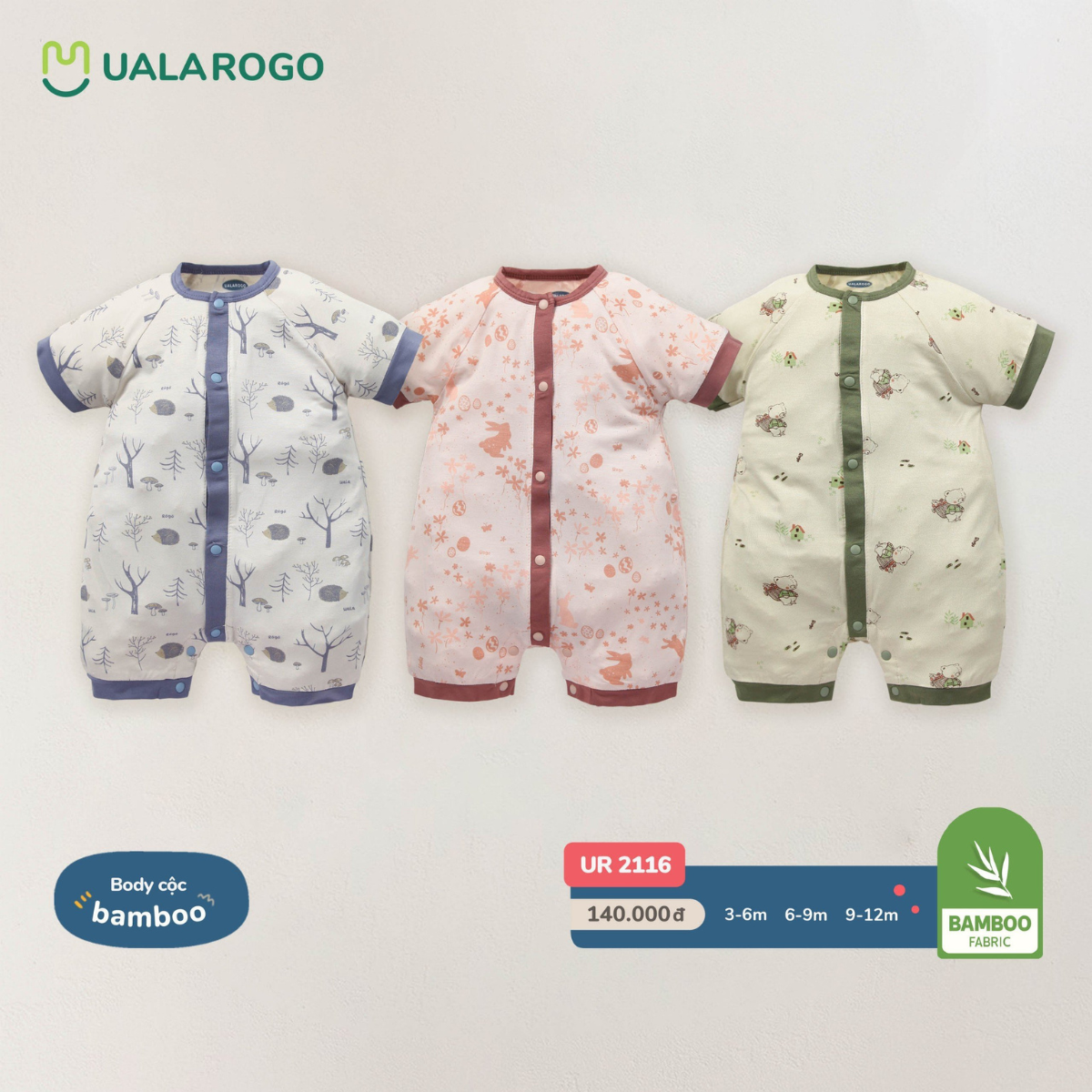 Bodysuit cho bé Ualarogo 3-12 tháng cúc giữa vải sợi tre Bamboo thoáng mát