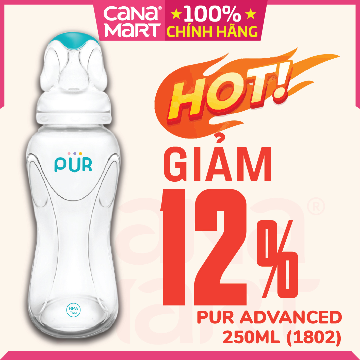 Bình sữa cổ thường Pur Advanced 250ml không chứa chất BPA (1802)