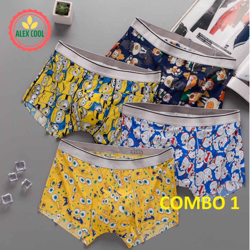 [Hoàn Tiền 15%] Combo 4 quần lót nam quần sịp đùi thun lạnh Doremon hàng hiệu SIÊU NHẸ, cao cấp xin sexy, hình trơn, doremon đẹp hình độc, alex cool