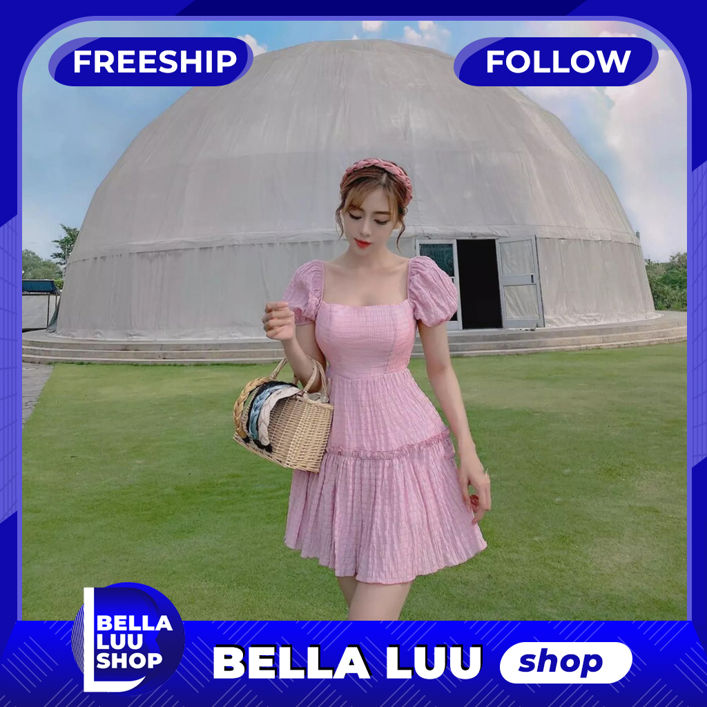 Đầm tay phồng tùng xòe nhún tầng cổ vuông ôm eo dáng xòe xinh xắn thời trang Bella Luu Shop