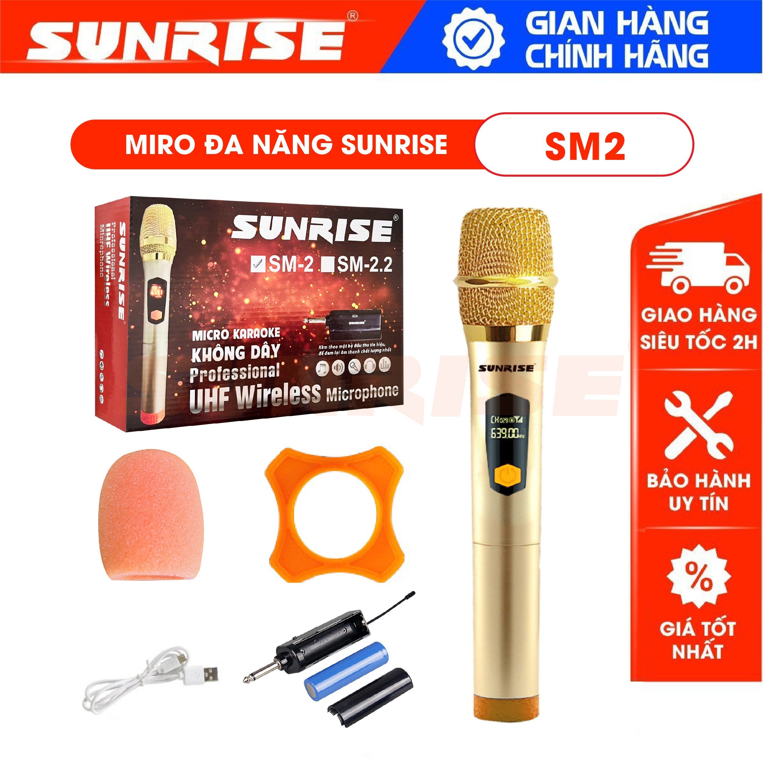 Micro không dây karaoke Sunrise SM2, mic đa năng sóng UHF chống hú, độ nhạy cao, chuyên sử dụng cho loa kéo, amply - SUNRISE MUSICS