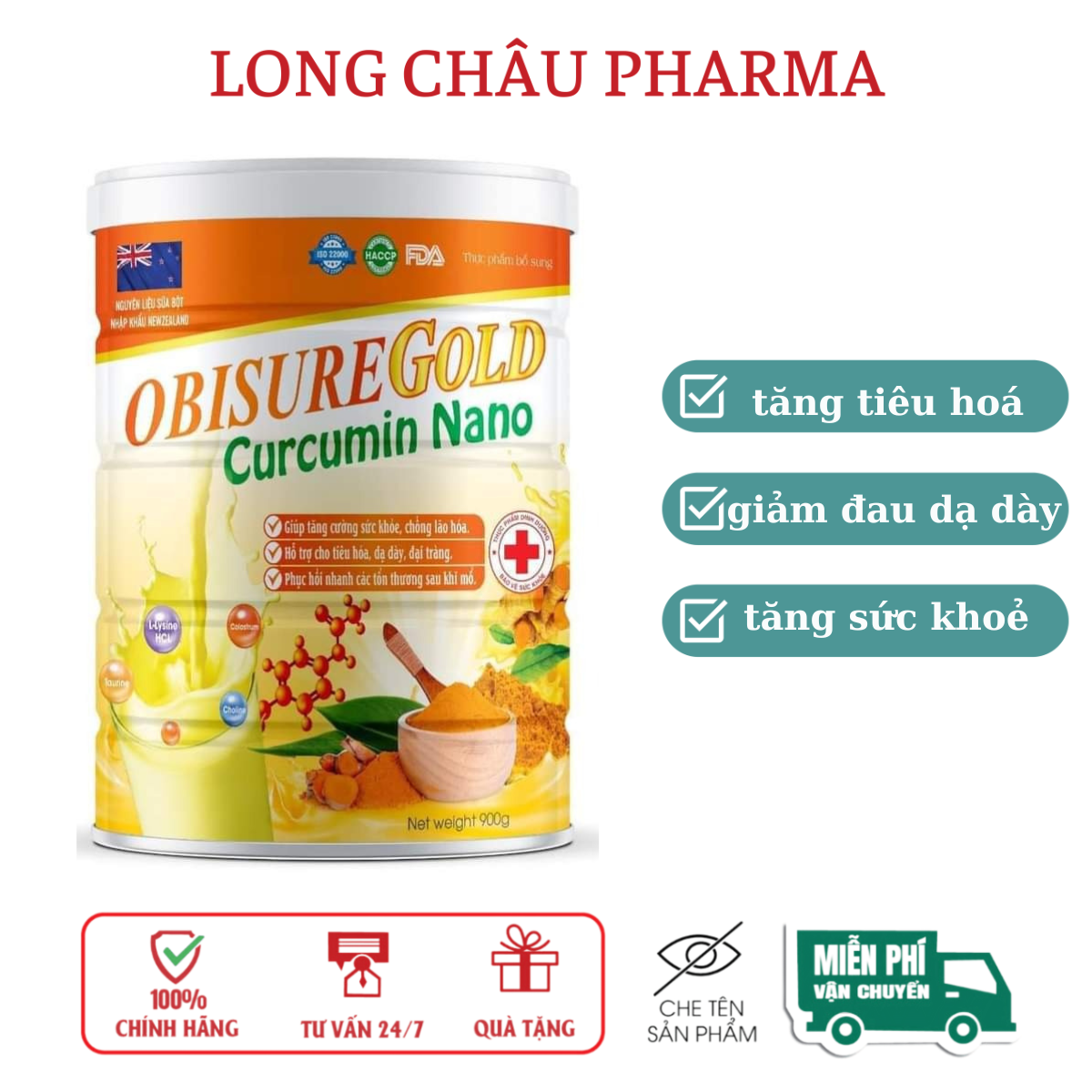 Sữa bột obisuregold curcumin nano giúp giảm đau dạ dày, viêm loét dạ dày, tá tràng hộp 900g