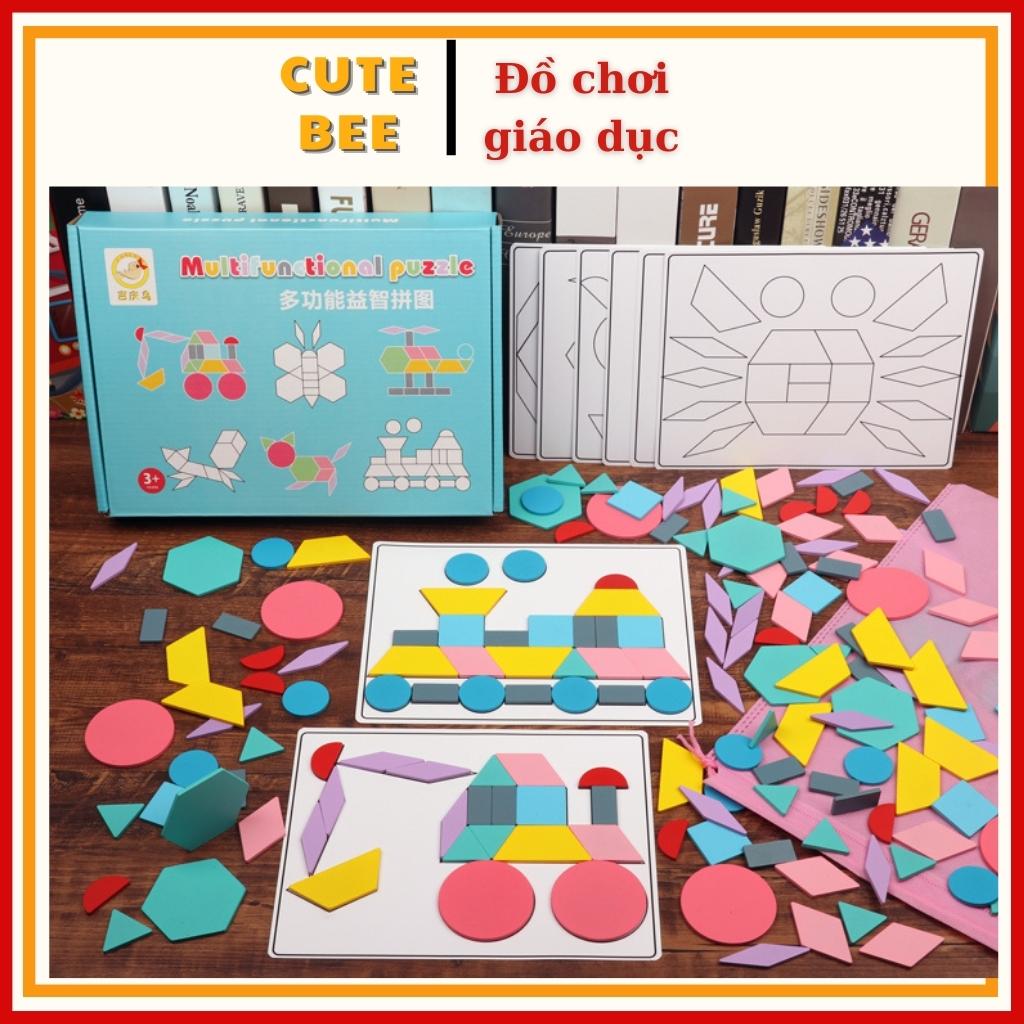 Đồ chơi xếp hình tangram 180 chi tiết bằng gỗ, puzzle gỗ 180 miếng ghép montessori - cute bee kids