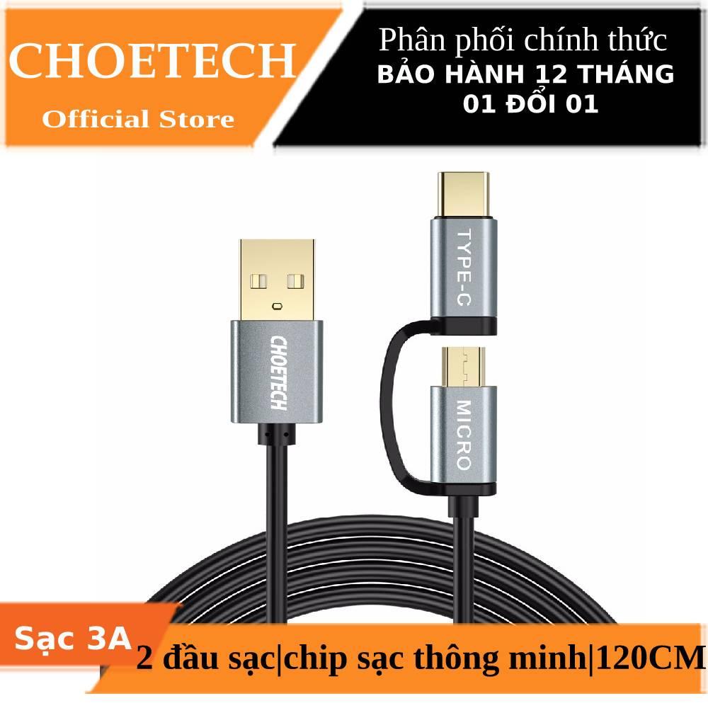 [HCM]Dây cáp sạc nhanh 2 in 1 Type-C / Micro USB dài 120CM hiệu CHOETECH XAC0012 (sạc nhanh 3A sạc nhiều thiết bị chip sạc thông minh) (Bảo hành 12 tháng 1 đổi 1) - Hàng chính hãng