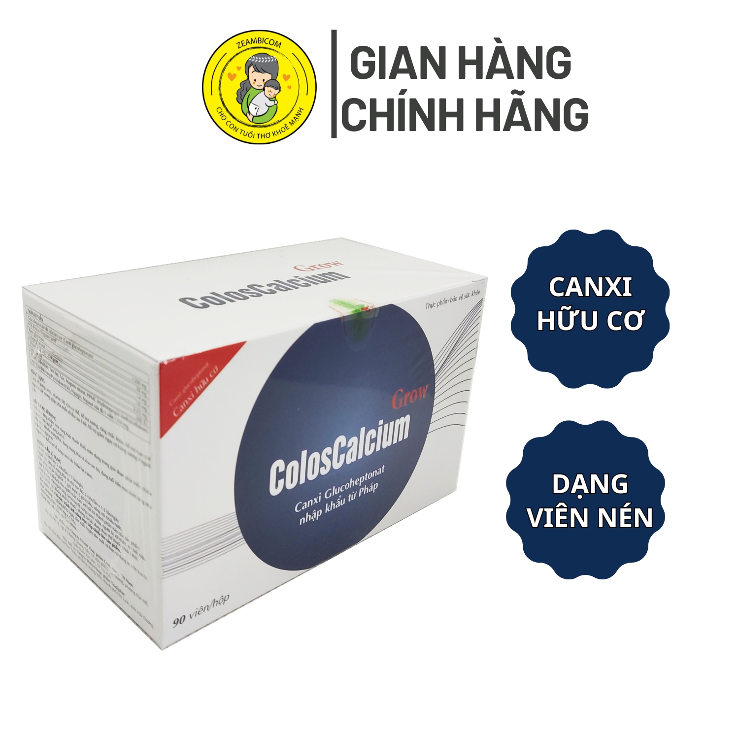 Canxi coloscalcium grow, canxi zeambi, canxi hữu cơ dạng viên nén, hàm lượng canxi gấp 2 lần, hộp 90 viên