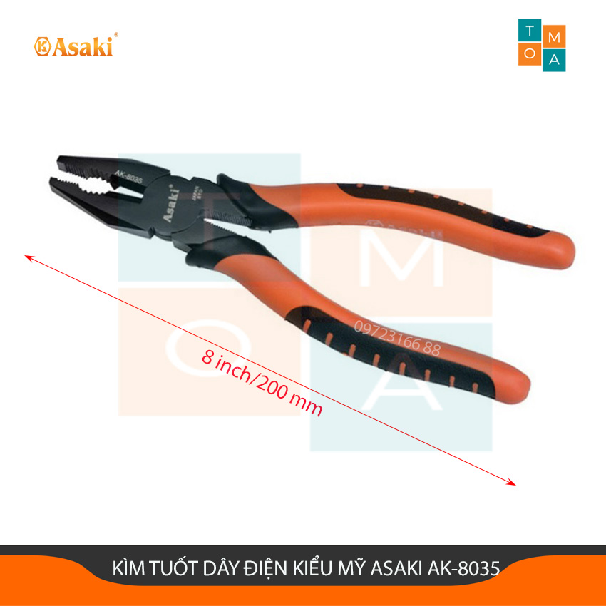 Kìm tuốt dây điện kiểu mỹ asaki ak-8035 8 inch/200 mm, kìm cắt dây điện asaki, kìm điện cách điện 8 inch