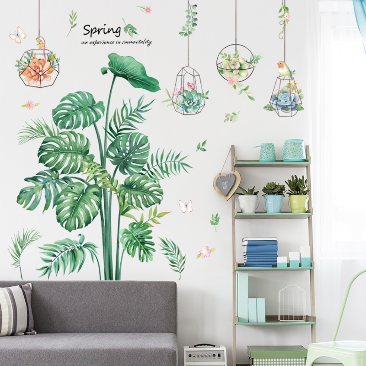 Decal dán tường phòng khách phòng ngủ: Cây cảnh chậu xương rồng GD246