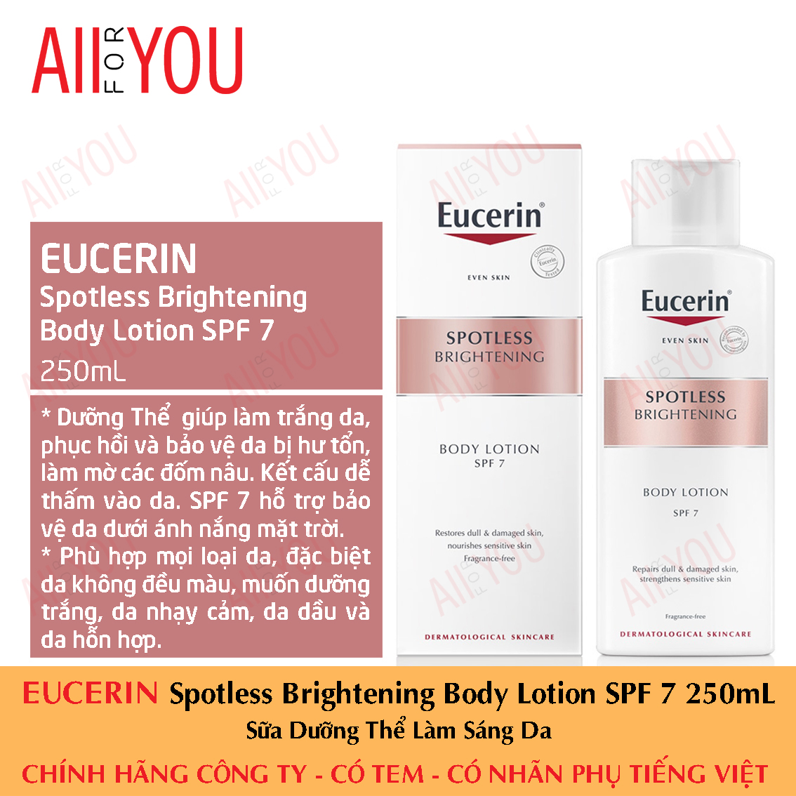 Eucerin spotless brightening body lotion spf 7 250ml - sữa dưỡng thể làm sáng da.