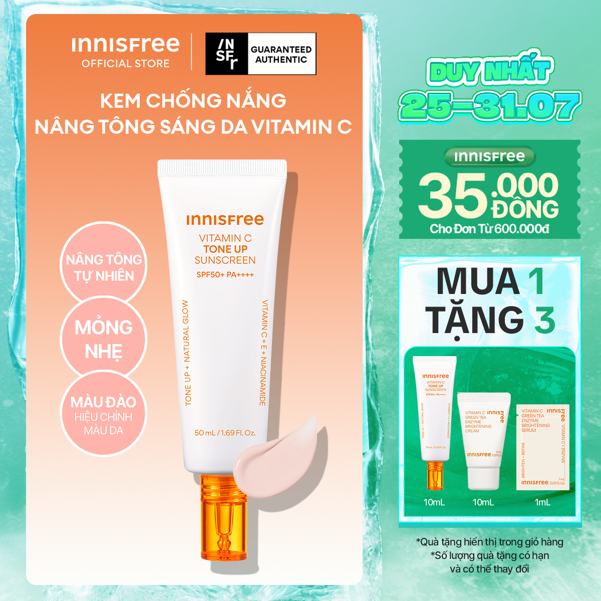 Kem chống nắng nâng tông INNISFREE VITAMIN C TONE UP SUNSCREEN SPF50+ PA++++