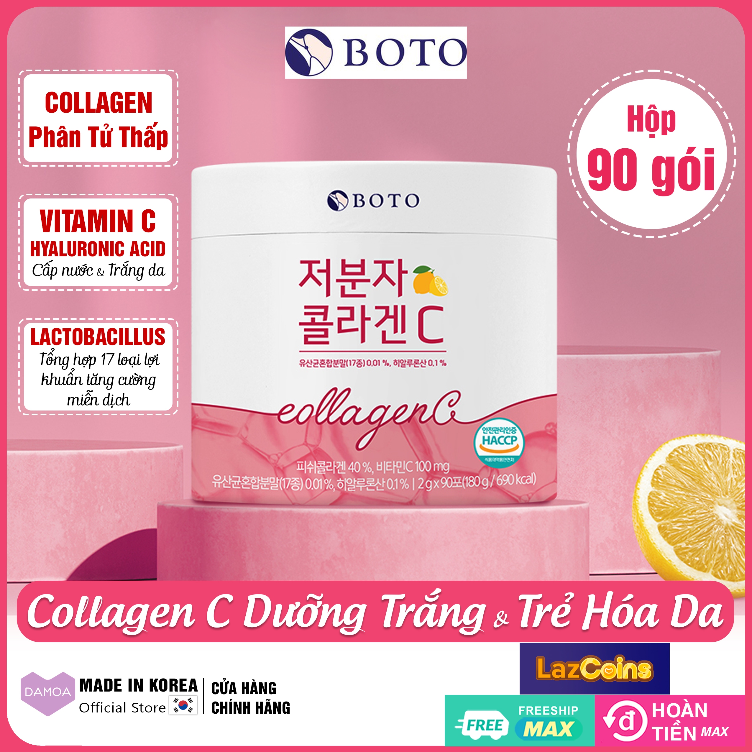 Hộp 90 gói Collagen C BOTO Hàn Quốc | Collagen Cá Phân Tử Thấp, Vitamin C, Hyaluronic Acid, Lợi khuẩn Lactobacillus | Dưỡng trắng & Trẻ hóa da Korea
