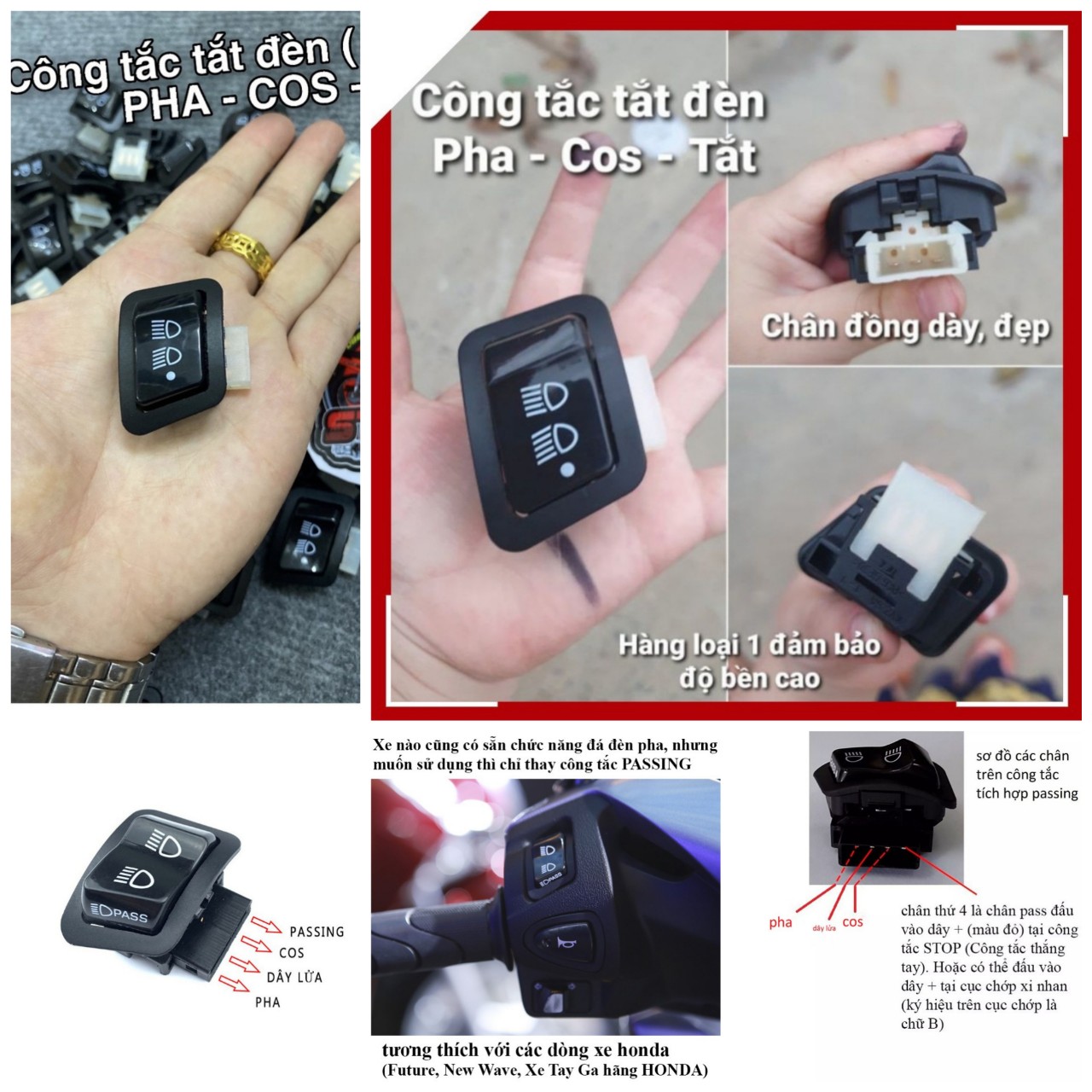 Công tắc tắt đèn pha cốt passing xe máy lắp như zin cho mọi xe hàng đẹp chân đồng loại dày , công tắc passing xe máy , đồ kiểng trang trí xe máy , phụ kiện xe máy