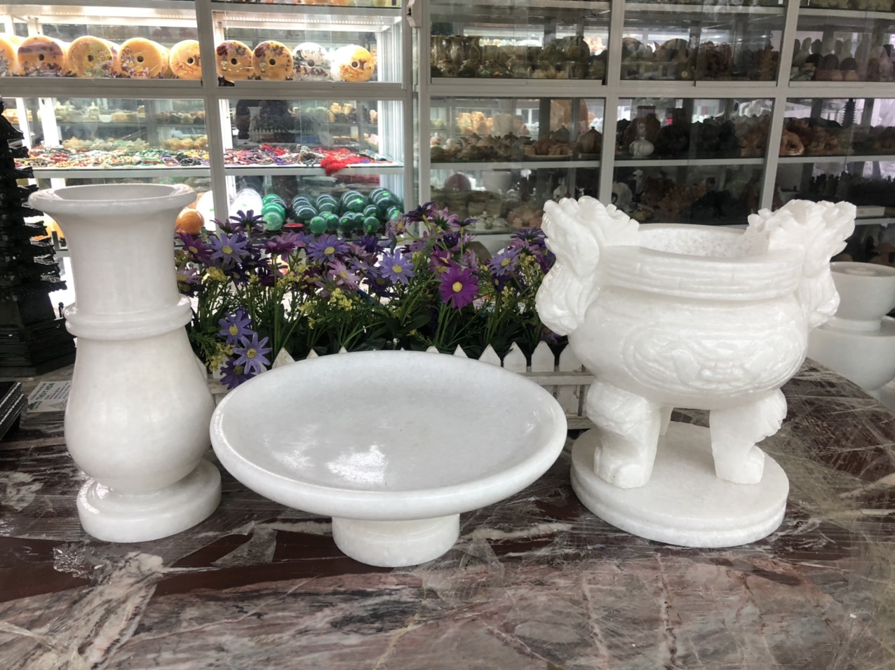 Bộ đồ thờ cúng đá cẩm thạch trắng size 25 cm