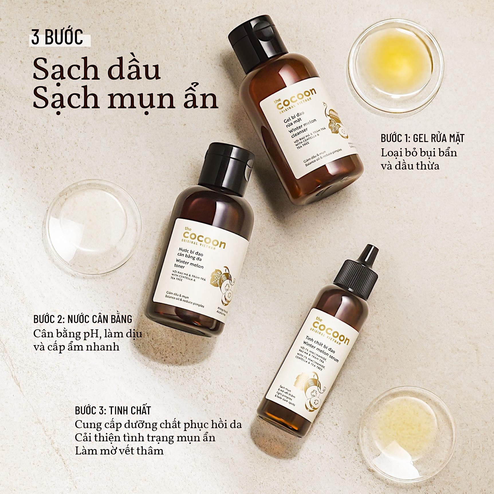 Combo gel bí đao rửa mặt 140ml + Nước bí đao cân bằng da 140ml + Tinh chất bí đao cocoon 70ml