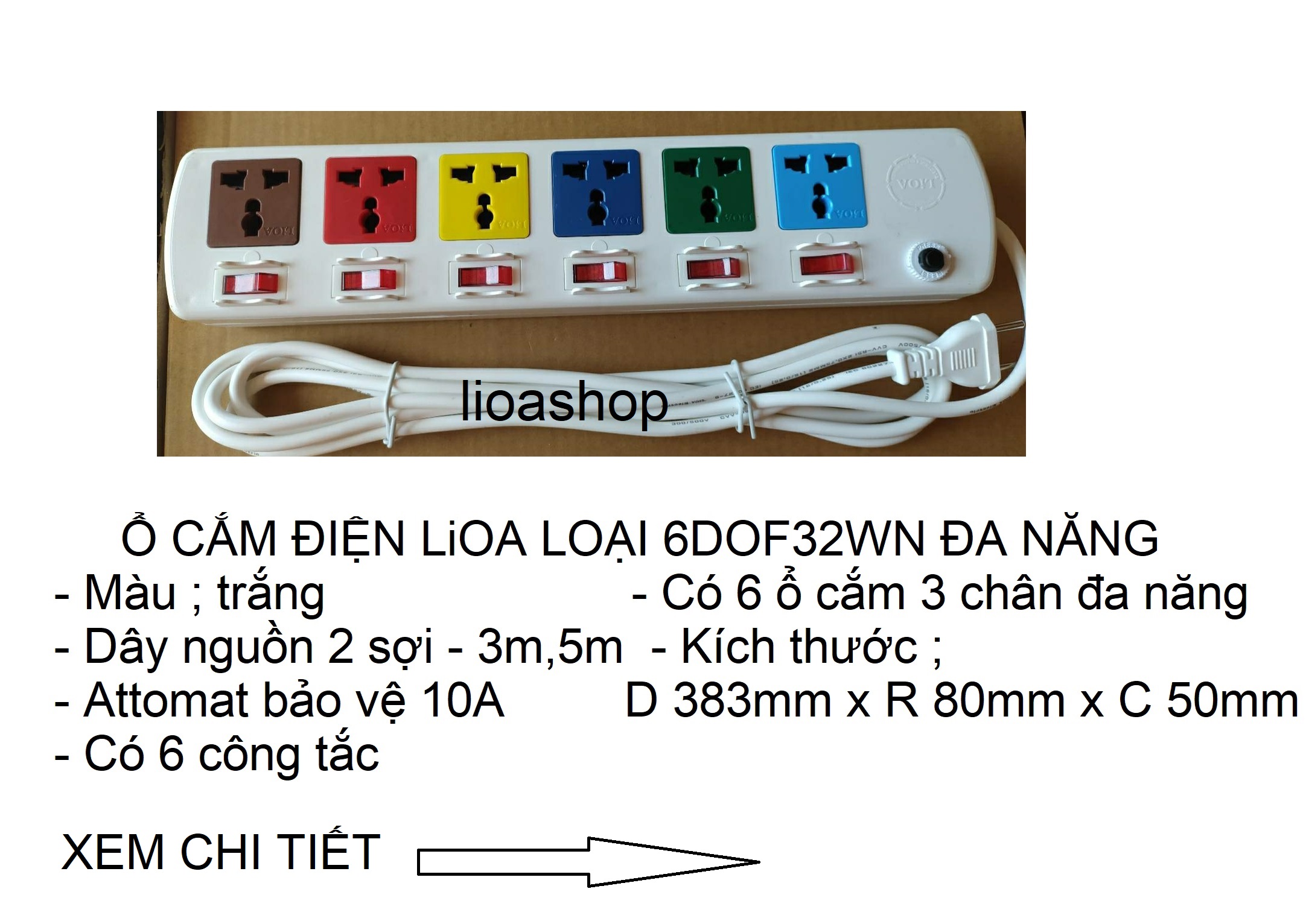 Ổ cắm điện lioa 6dof32 - dây 3m 2 sợi