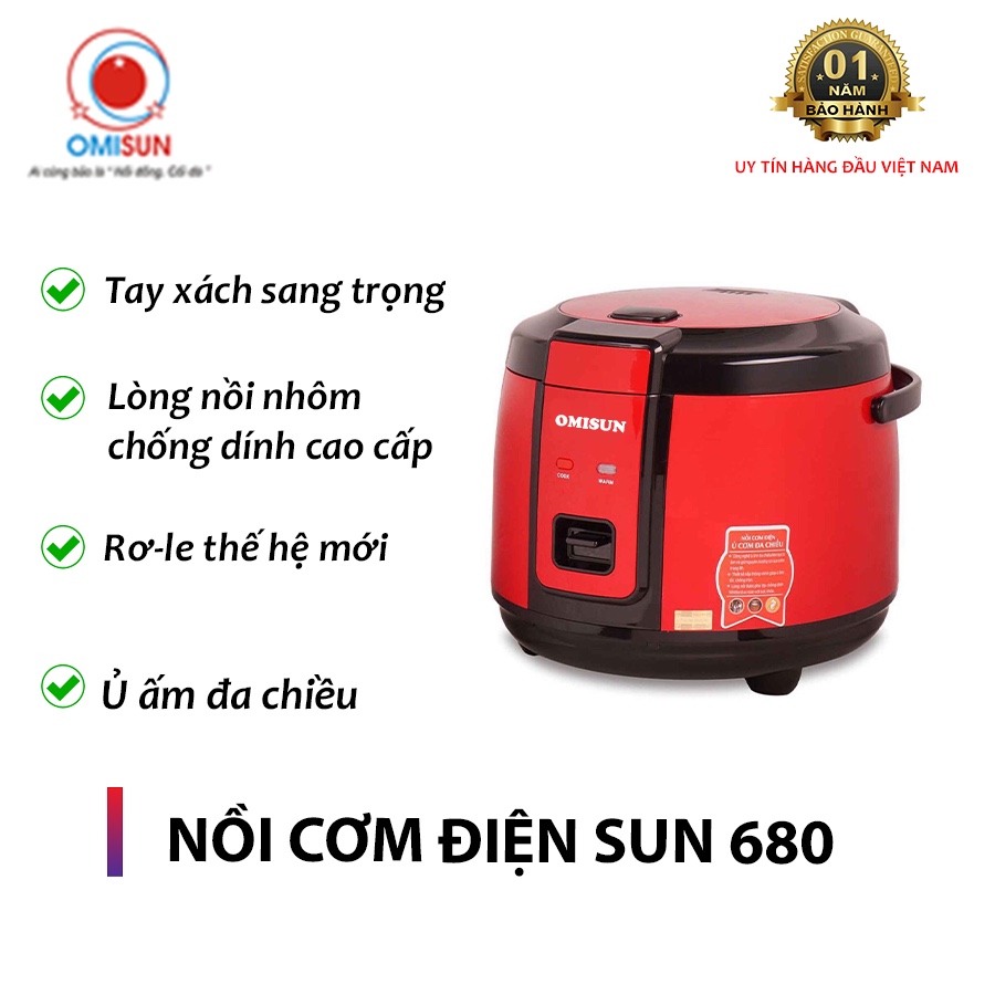 NỒI CƠM ĐIỆN 1,8L OMISUN S680, TAY XÁCH SANG TRỌNG, LÕI NHÔM CHỐNG DÍNH CAO CẤP