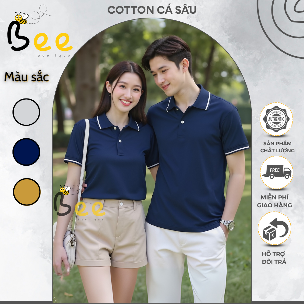 Áo thun polo cá sấu xanh đen sọc cao cấp cổ trụ bẻ unisex nam nữ cặp đôi đồng phục nhóm công sở