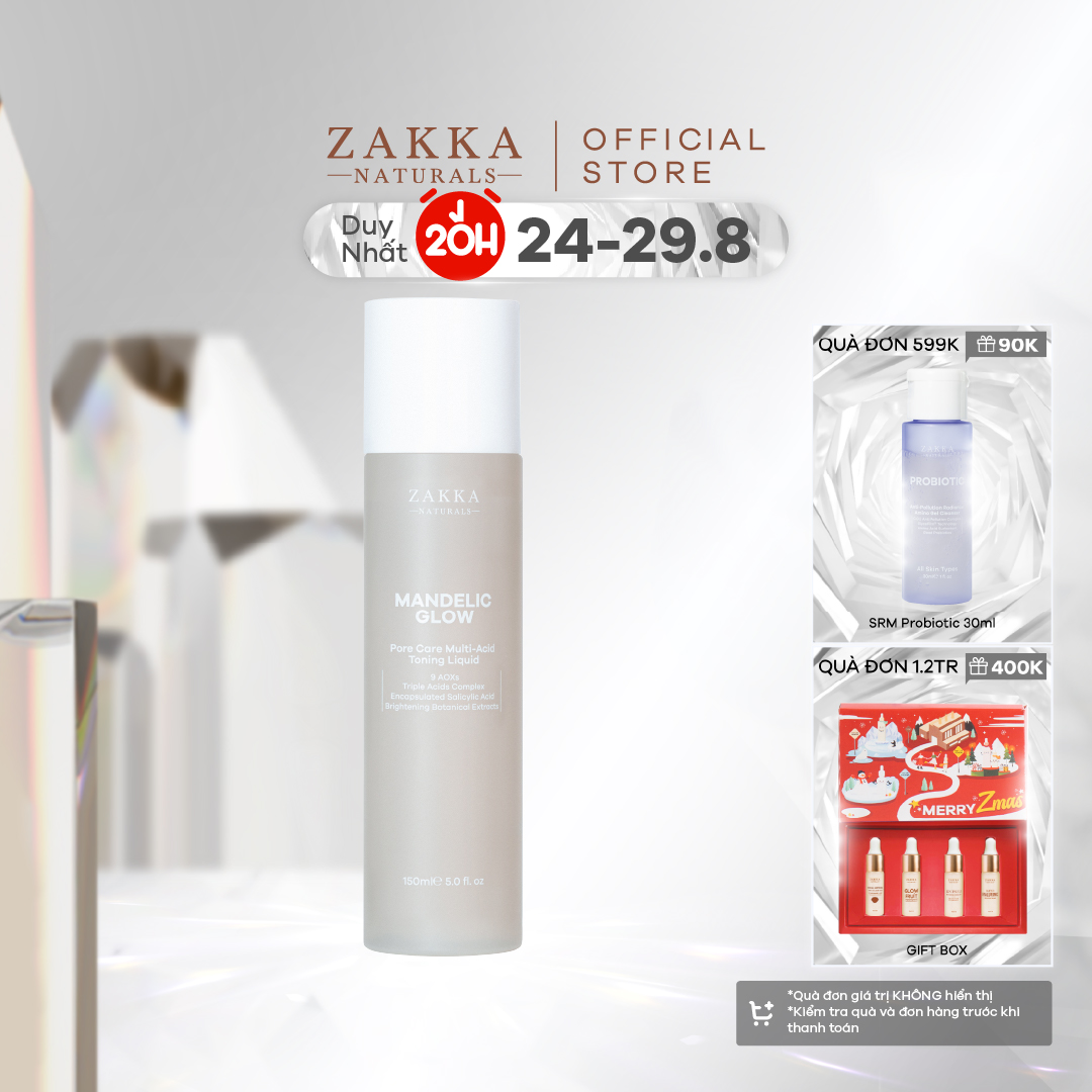 Toner Tẩy Da Chết Zakka Naturals AHA, BHA Mandelic Glow Pore Care Multi-Acid Toning Liquid 150ml