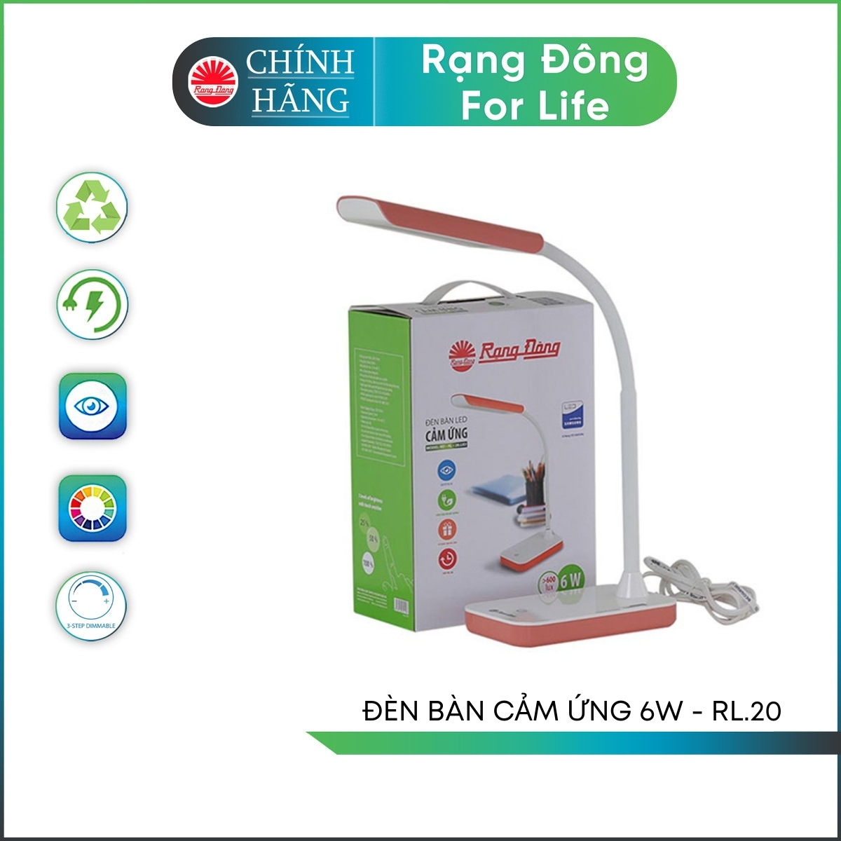 Đèn bàn học cảm ứng Rạng Đông RDRL 20 LED công suất 6W bảo vệ thị lực điều chỉnh nhiều cấp ánh sáng