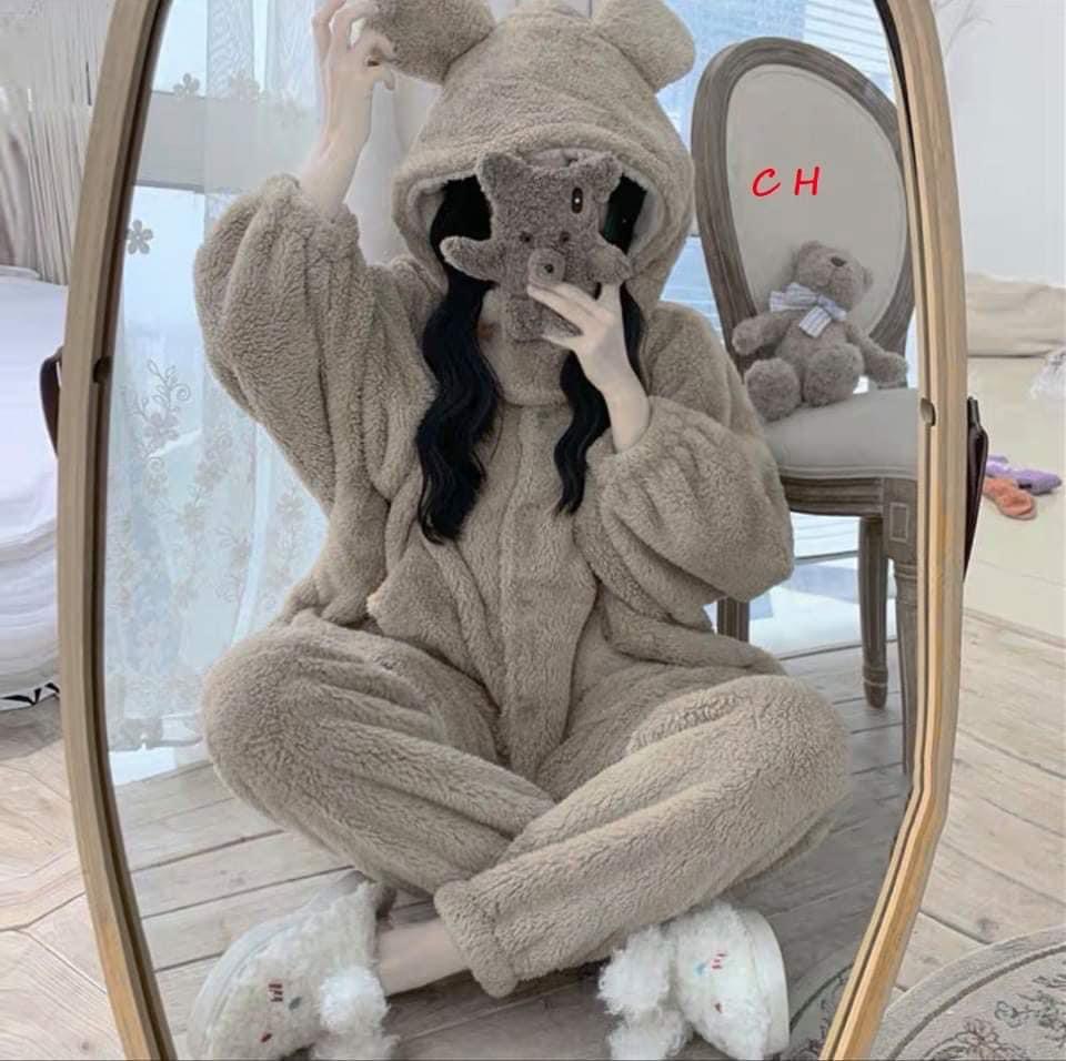 Bộ ngủ lông tai gấu xám, bộ ngủ lông cừu khuy cài ulzzang, bộ ngủ lông cute hàn quốc, bộ ngủ lông cừu siêu ấm, bộ mặc nahf lông cừu, PHUONGMART, áo lông nữ, quần lông nữ, áo lông khuy cài, sét bộ đồ nữ dễ thương