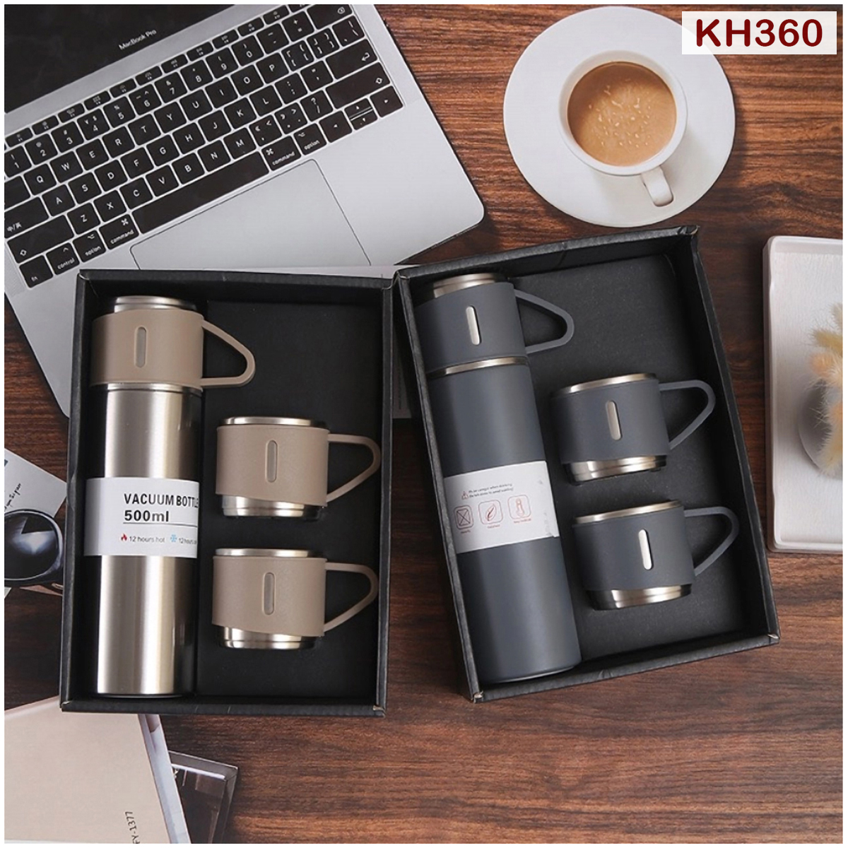 Bộ bình giữ nhiệt kèm 2 cốc 500ml inox