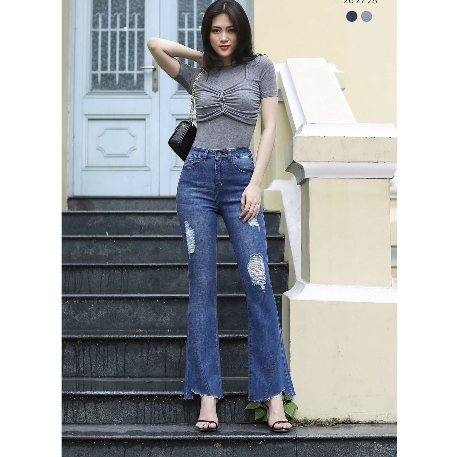 Quần jean nữ ống loe bass chất bò co dãn mạnh lưng cao che khuyết điểm, form dài (92cm -100cm) thời trang mới PINKY79SHOP D759