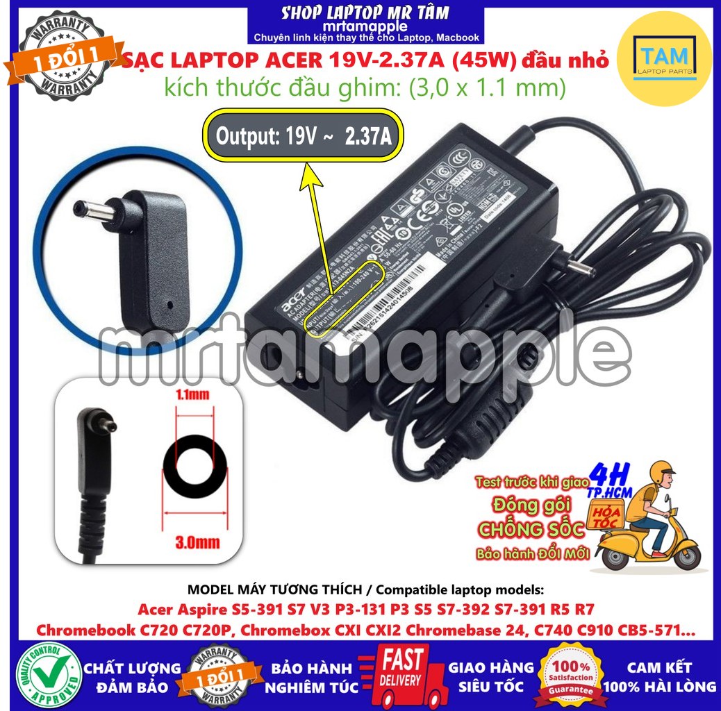 SẠC LAPTOP ACER 19V-2.37A  đầu nhỏ 3.0 x 1.1mm dành cho  dành cho V3-331 V3-371 V3-372, Aspire S5-391 S7 V3 P3-131