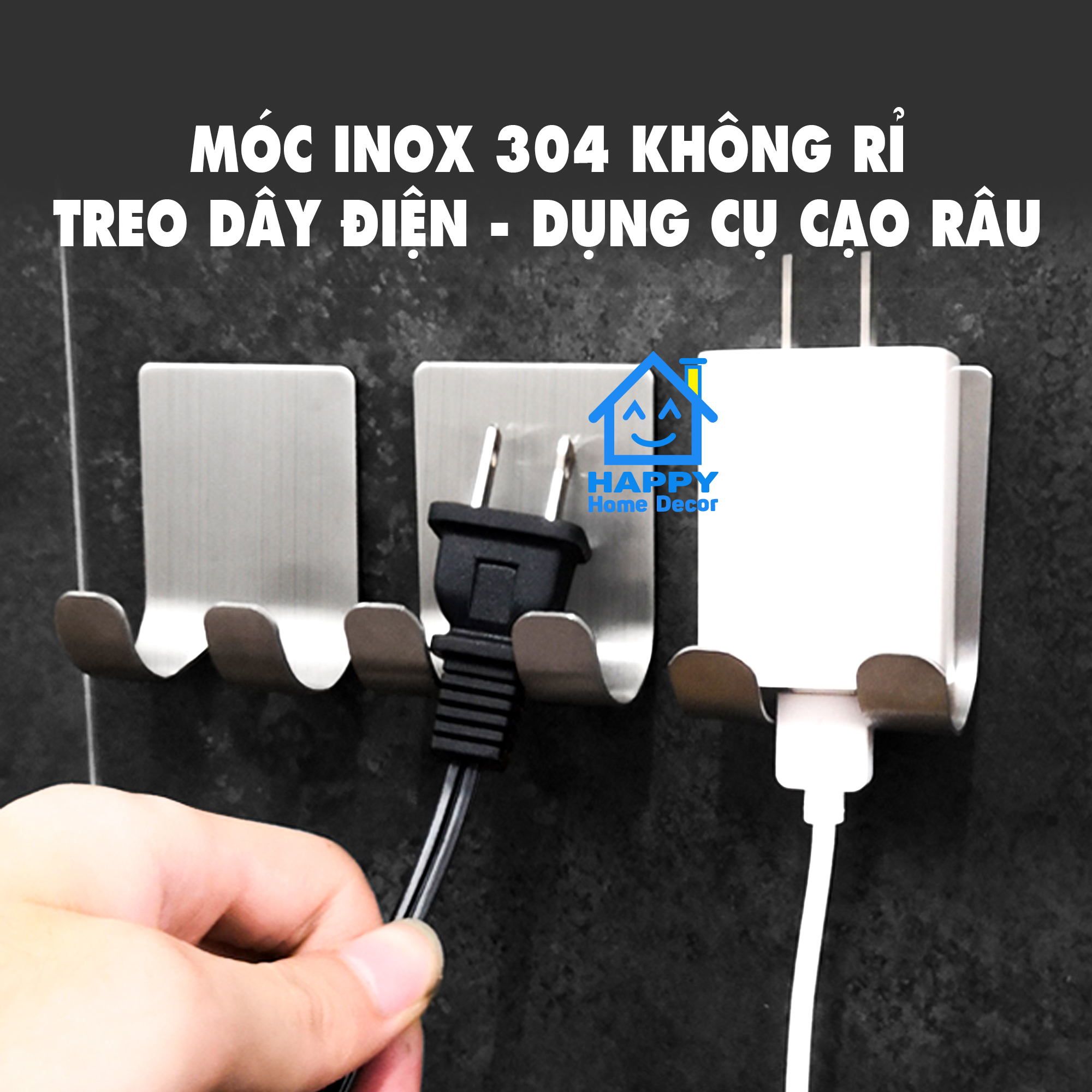 Móc treo ổ cấm điện, dao cạo râu dán tường inox 304 chịu lực, không khoan, siêu chắc chắn Happy home decor
