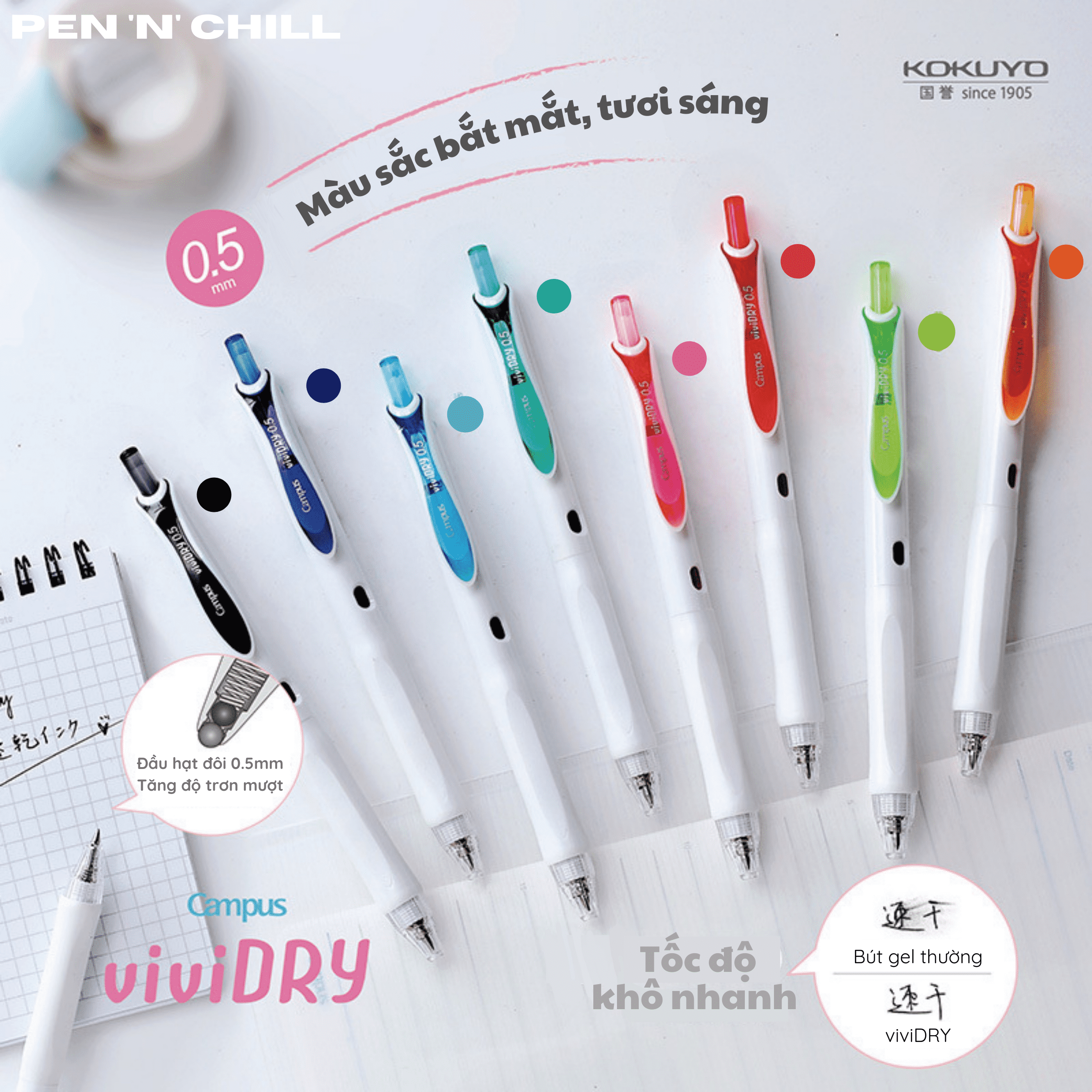 Bút Bi Gel Khô Nhanh Kokuyo ViviDry - Cỡ Ngòi 0.5mm
