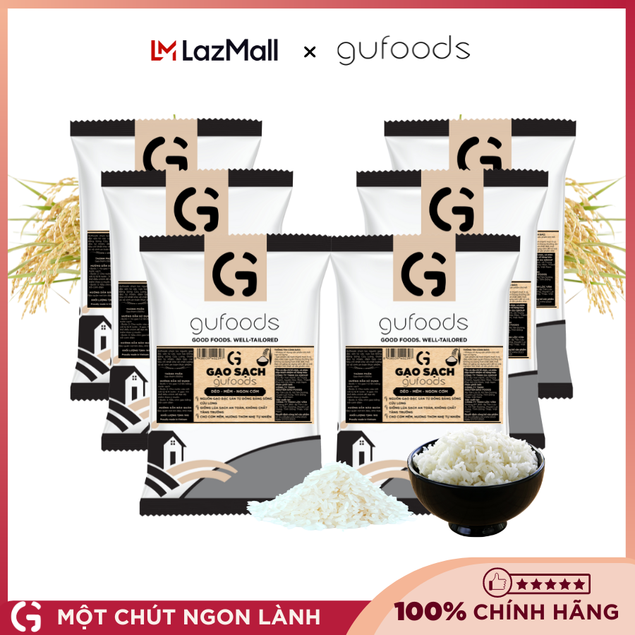 Combo 6 túi Gạo sạch GUfoods (Mỗi túi 1kg) - Đài thơm / Japonica hữu cơ - Dẻo mềm, Thơm nhẹ, Ngon cơm