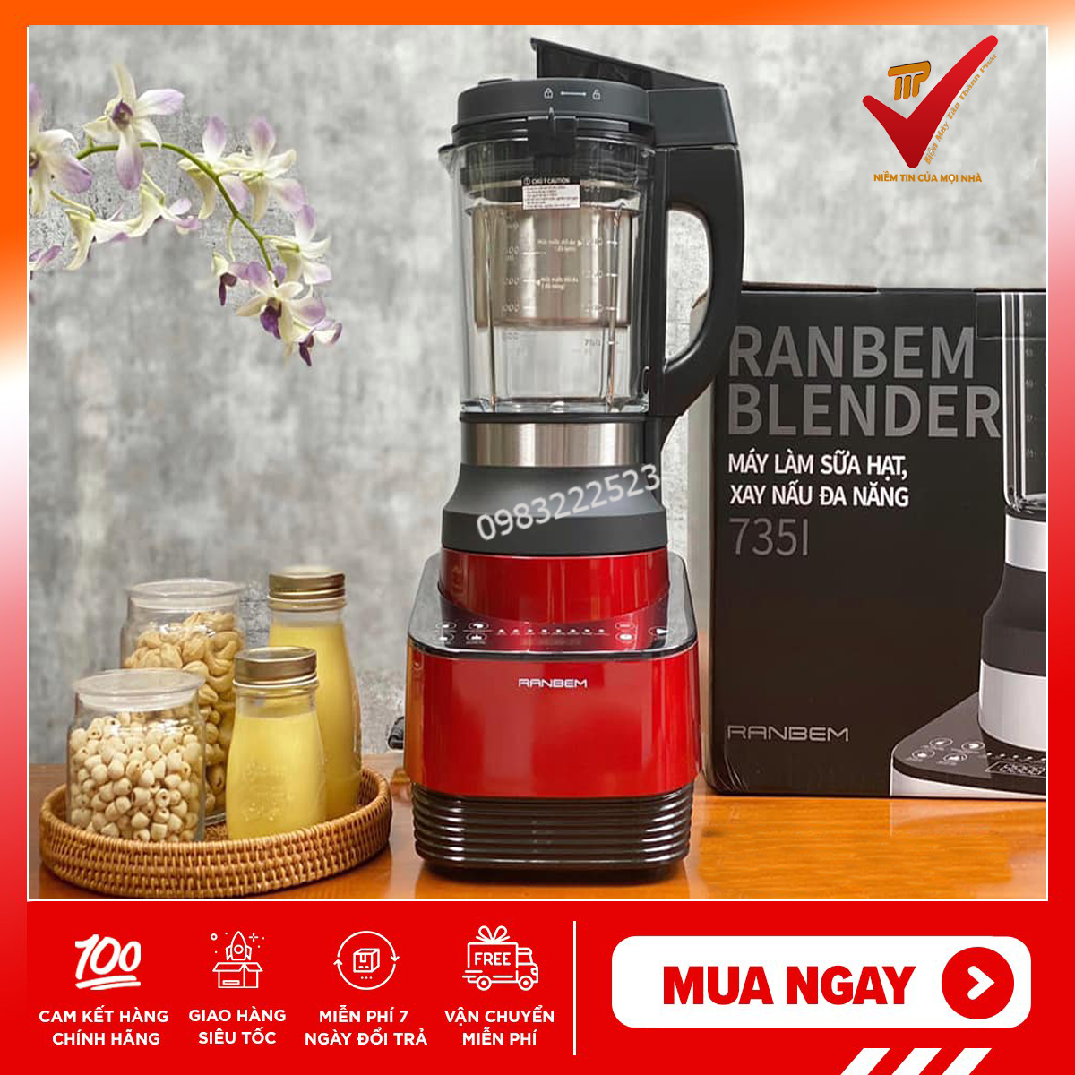 Máy làm sữa hạt Ranbem 735i phiên bản mới hơn 735h, nắp innox chống tràn bàn phím Tiếng Việt Bảo hành 12 Tháng Nắp INOX Lồng INOX
