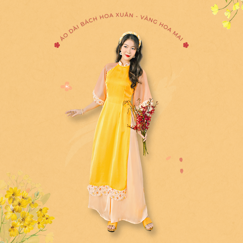 Sumire store áo dài bách hoa xuân tết 2023 - vàng