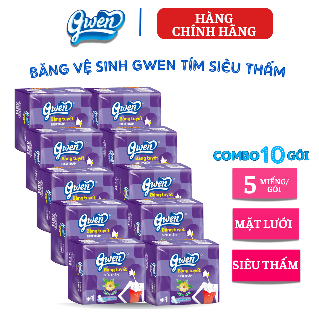 {Hàng chính hãng} Băng vệ sinh GWEN siêu mỏng mẫu bao bì tím gói 5 miếng, BVS  phụ nữ có cánh MẶT LƯỚI KHÔNG MÁT.
