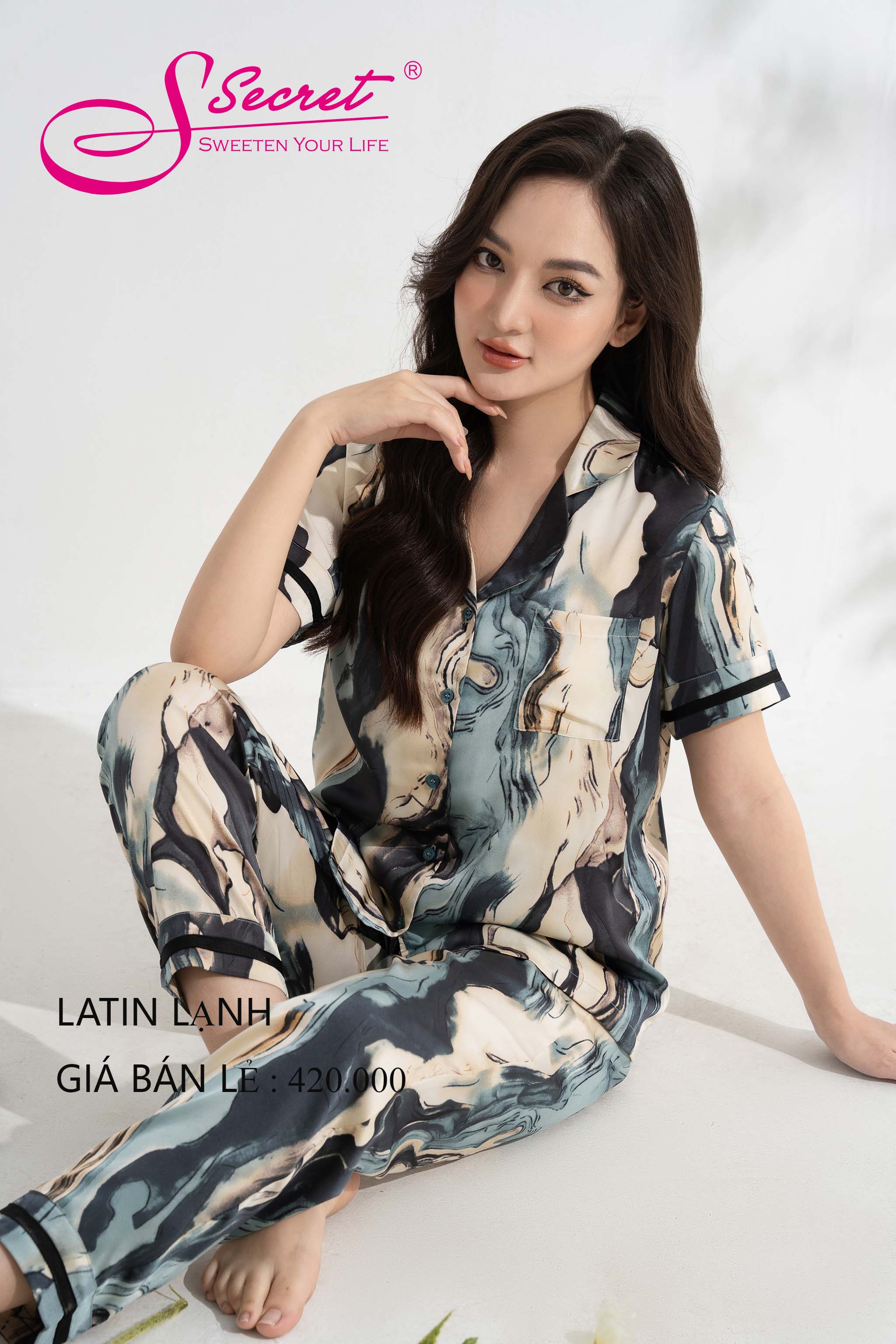 Bộ đồ ngủ chất liêu lụa xuân hè mặc nhà cao cấp chất liệu lụa SXH0802 SÓNG XANH thương hiệu Sweeten your life