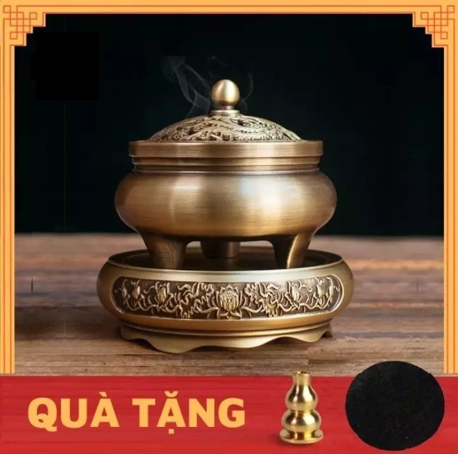 Lư đồng xông trầm bằng đồng nguyên khối, dày dặn, chắc chắn, nắp nhiều hình